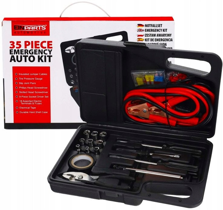 EMERGENCY CAR STARTER CABLES SCREWDRIVER FUSES CASE