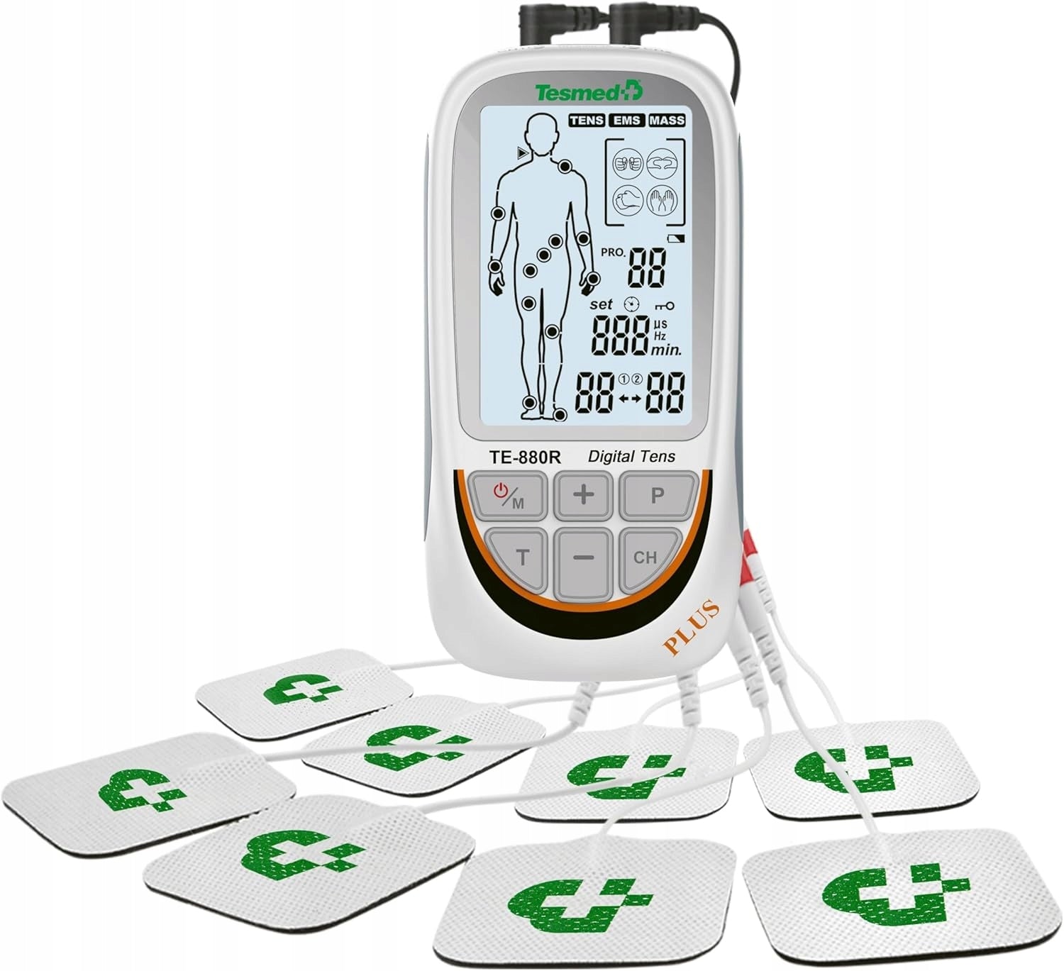 EMS/TENS ELECTROSTIMULATOR WITH 73 PROGRAMS AND 8 ELECTRODES