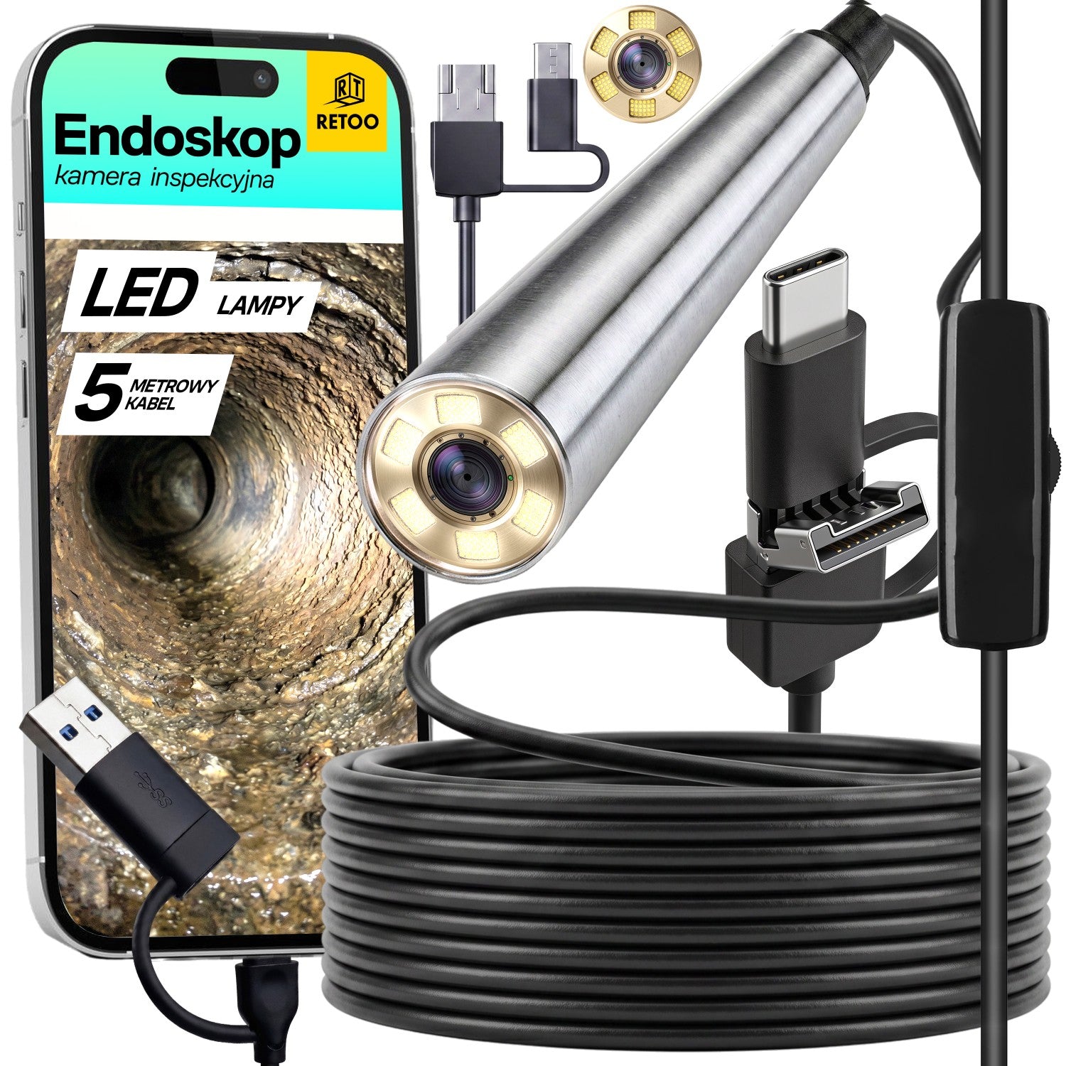 ENDOSCOPE INSPECTION CAMERA 3,9mm 5m USB-C FOR LED PHONE ANDROID IOS