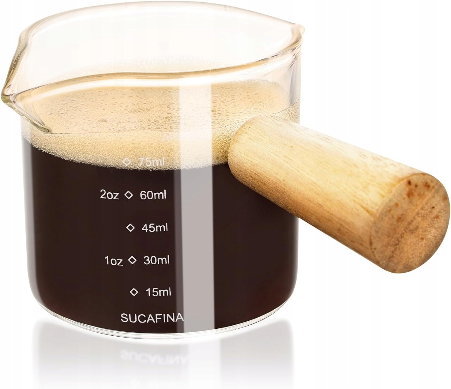 ESPRESSO JUG GLASS SCOOP DOUBLE SPOUT WOODEN HANDLE 75ml