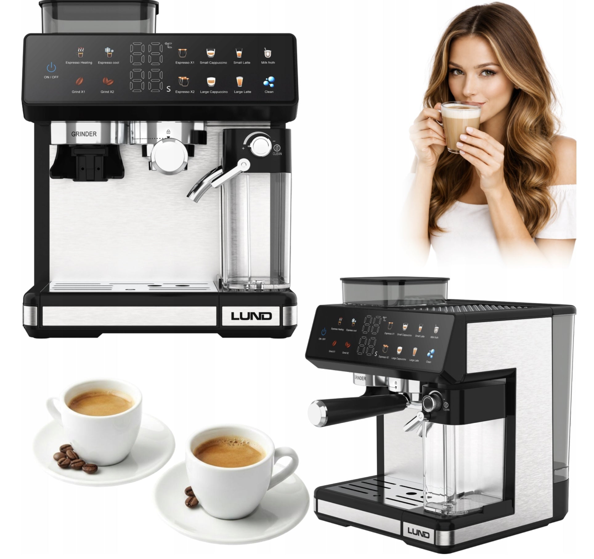 ESPRESSO MACHINE WITH FROTHER AND GRINDER 1350W 20bar LUND 11in1 FLASK
