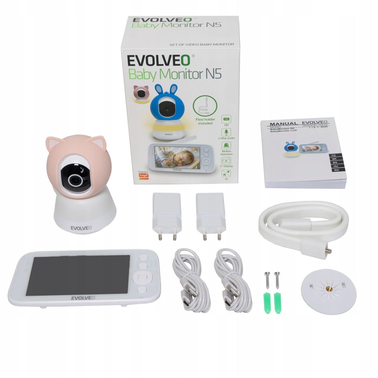 EVOLVEO Baby Monitor N5 - Set videochůvičky s 360° dohledem a ukolébavkami Display LCD