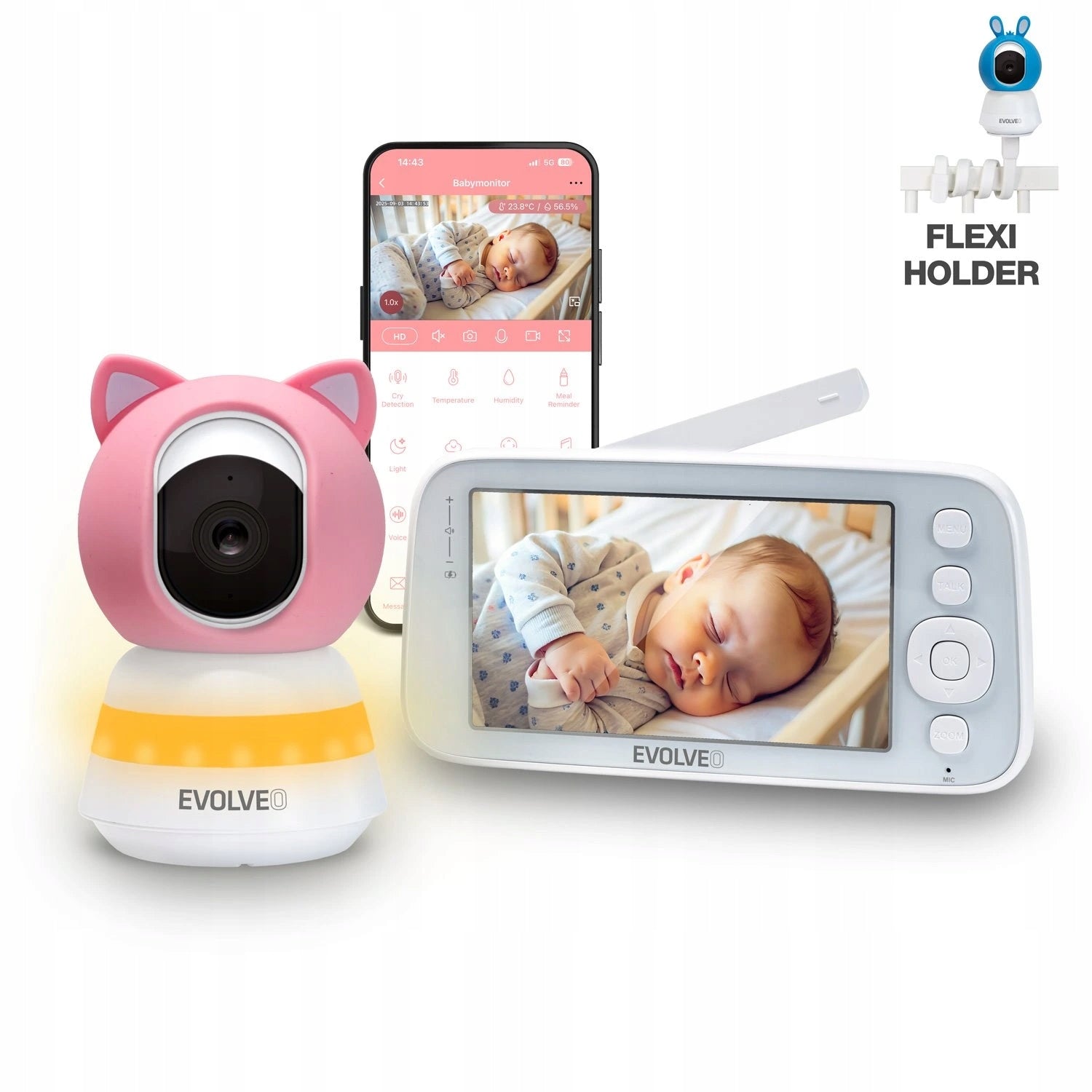 EVOLVEO Baby Monitor N5 - Set videochůvičky s 360° dohledem a ukolébavkami