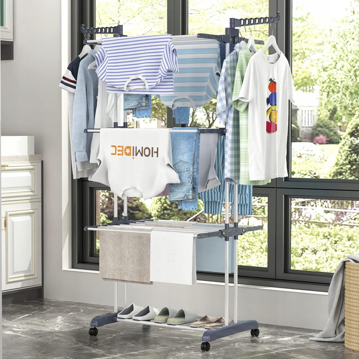 EXTRA LARGE, FOLDABLE, 4-LEVEL CLOTHES DRYER WITH WHEELS, FOR BALCONY Kind Portable