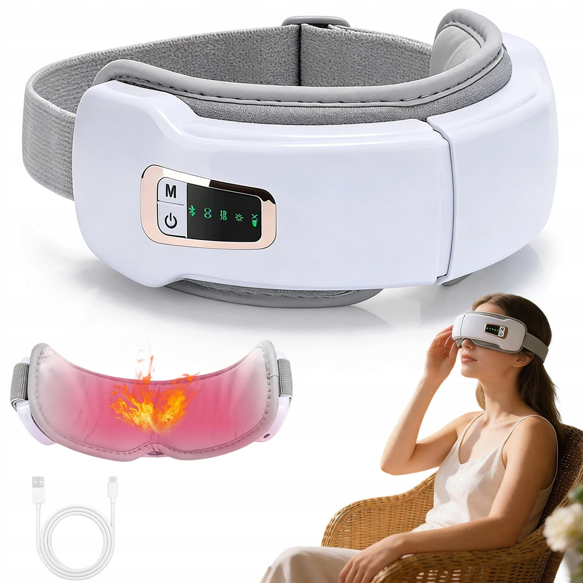 EYE MASSAGER WITH HEATING AND BLUETOOTH – 5 MODES OF RELAXATION, WHITE