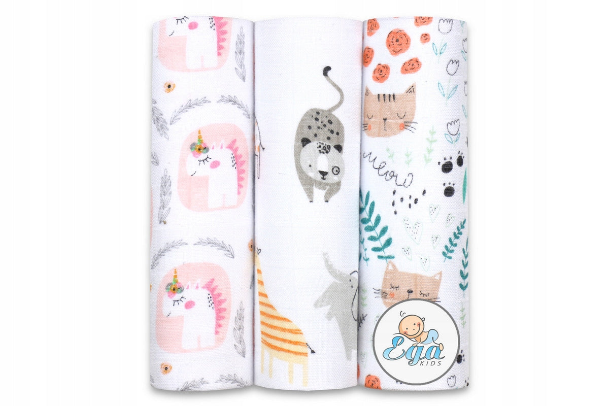 Ega Kids Set of 3 Bamboo Diapers 60/60cm Unicorn Cats Roses Packaging status original