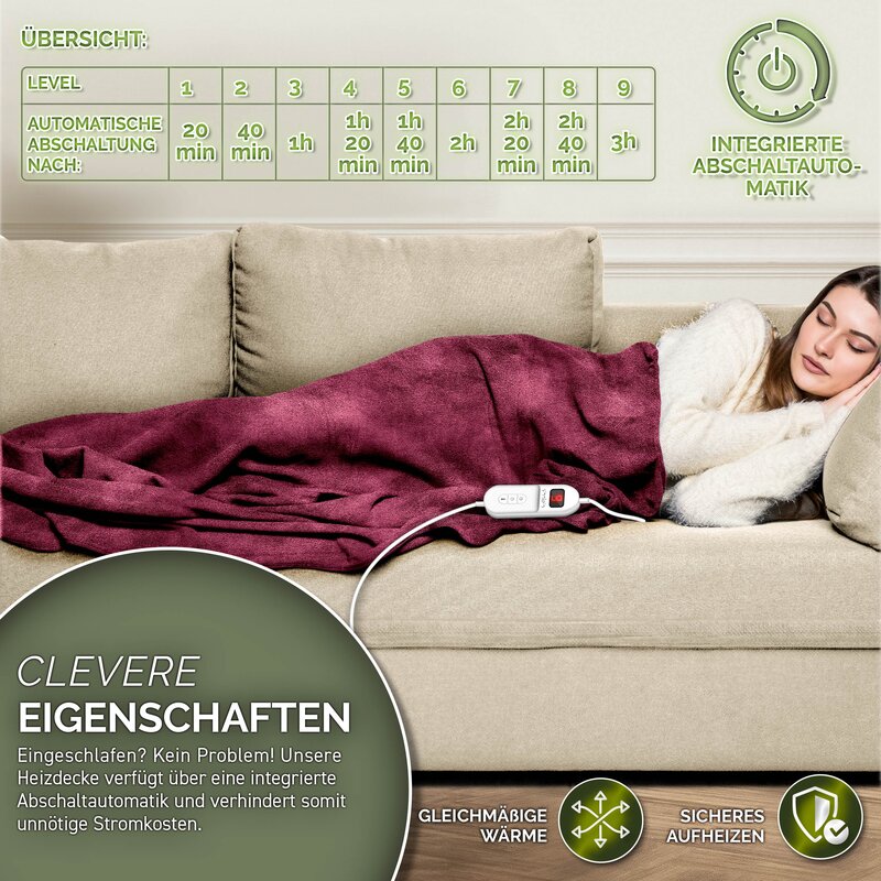 Electric Blanket 180x130 cm XXL Heating Timer 120W Burgundy Medical device no