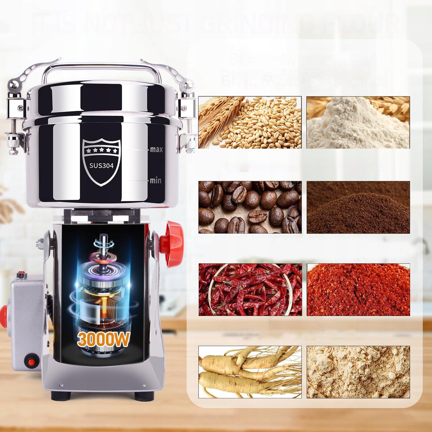 Electric Grain and Spice Grinder Stainless Steel 304 - 3000W - 1000g Packaging status original