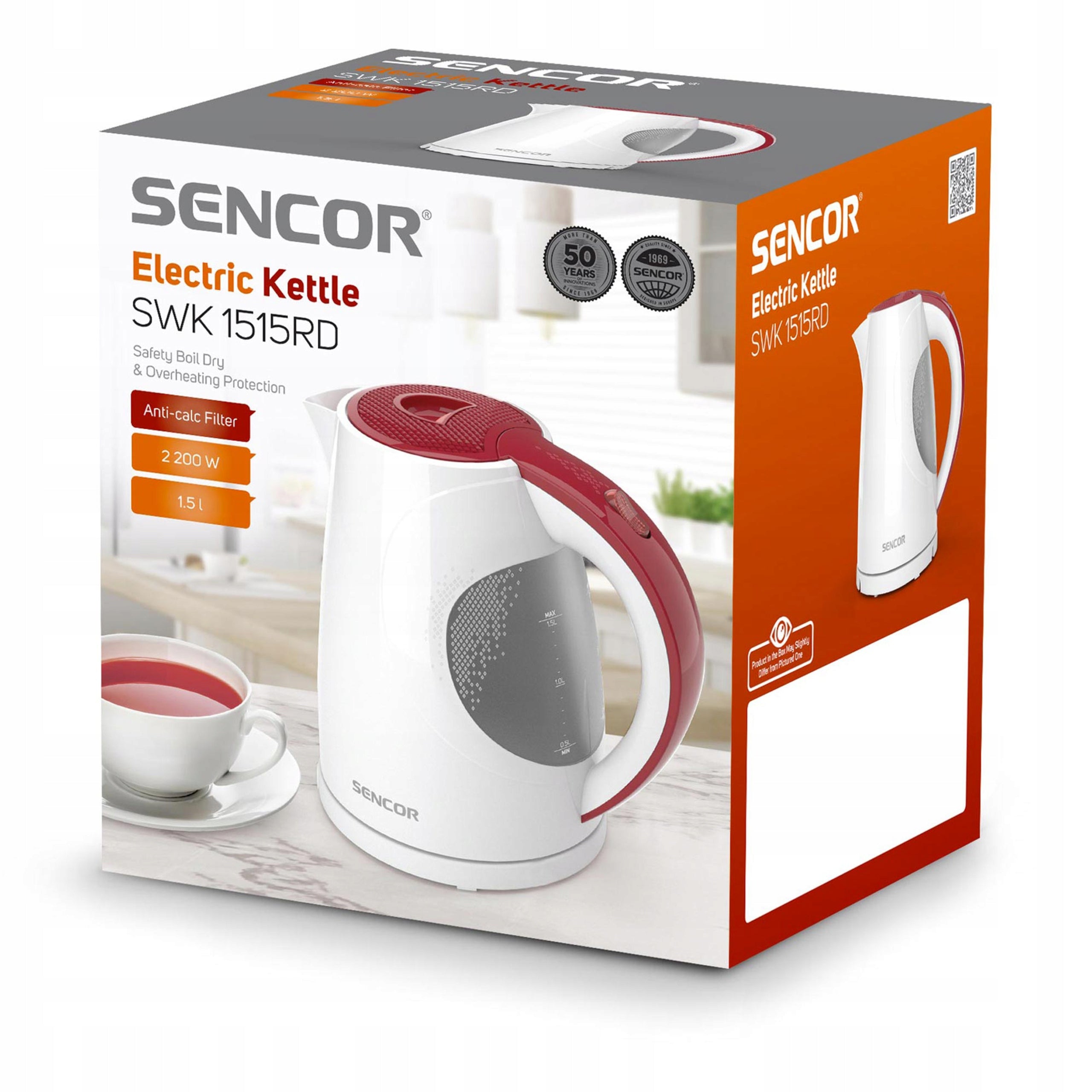 Electric Kettle CLASSIC Sencor SWK 1515RD STIX360 1,5L 2200W Red Packaging status original
