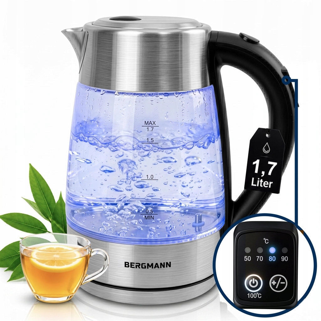 Electric Kettle Glass 1,7L BERGMANN 2200W ADJUSTABLE LED BACKLIGHT