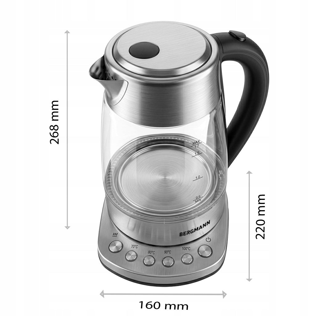 Electric Kettle Glass 1,7L BERGMANN 2200W ADJUSTABLE LED Backlight Dominant color silver/gray