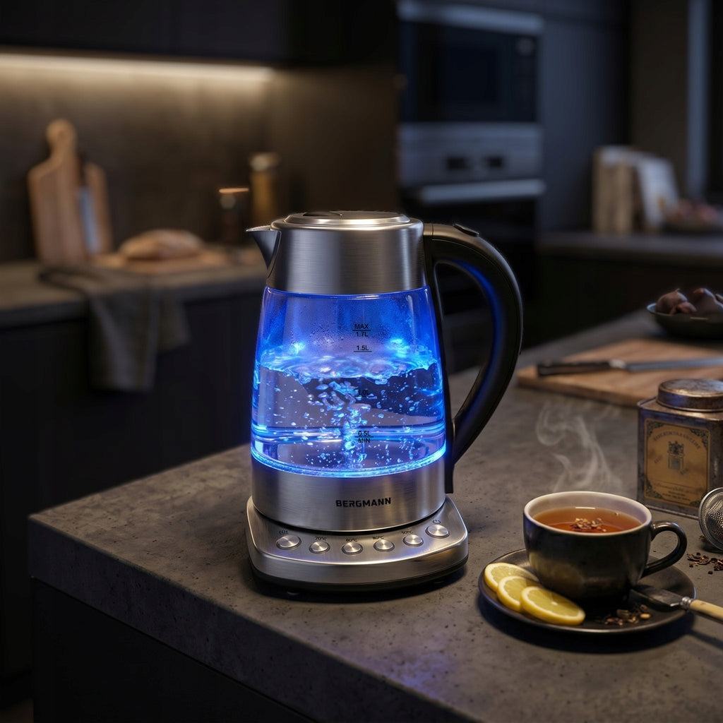 Electric Kettle Glass 1,7L BERGMANN 2200W ADJUSTABLE LED Backlight Model FR005