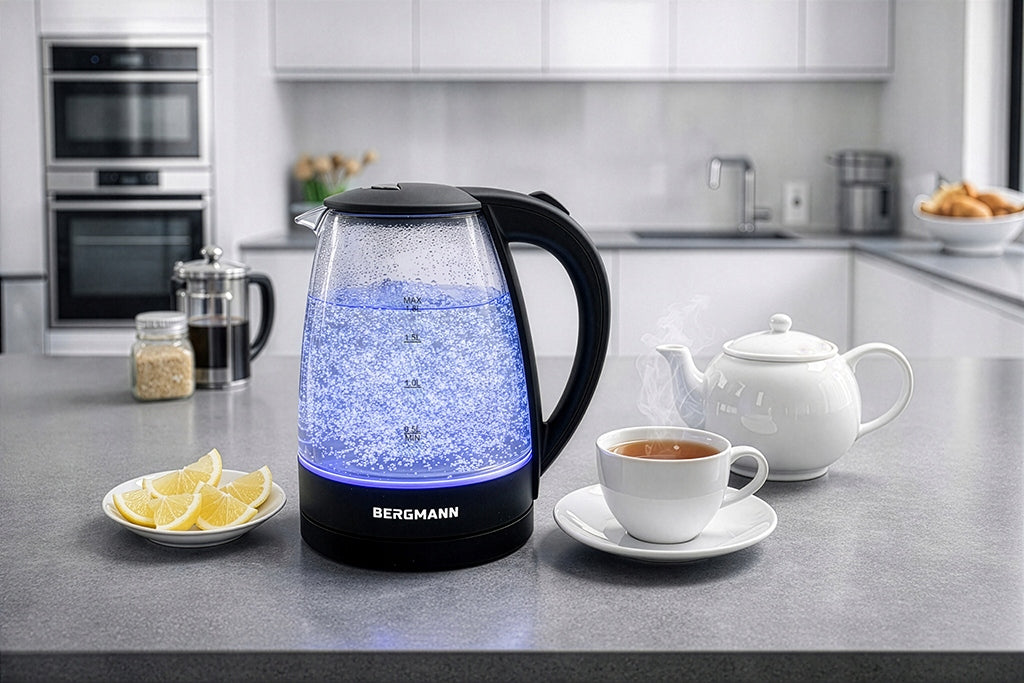 Electric Kettle Glass 1,8L BERGMANN 2200W LED Backlight Dominant color clear