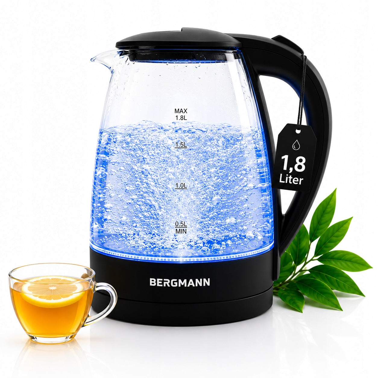 Electric Kettle Glass 1,8L BERGMANN 2200W LED Backlight