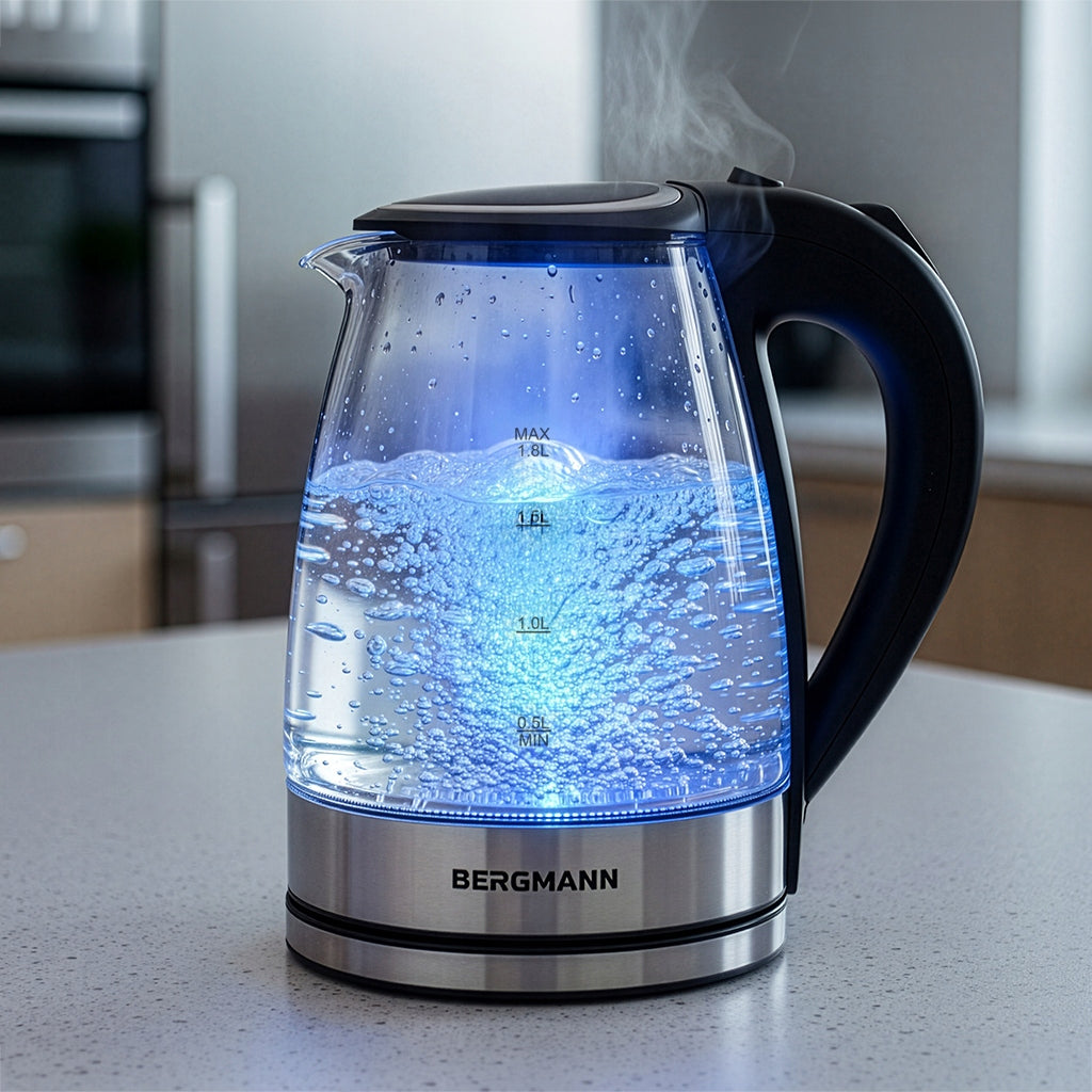Electric Kettle Glass 1,8L BERGMANN 2200W LED Button Cover Brand Bergmann