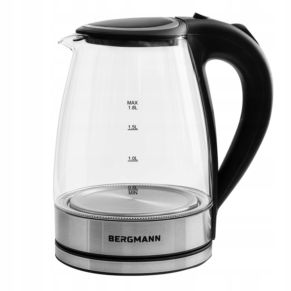 Electric Kettle Glass 1,8L BERGMANN 2200W LED Button Cover Packaging status original