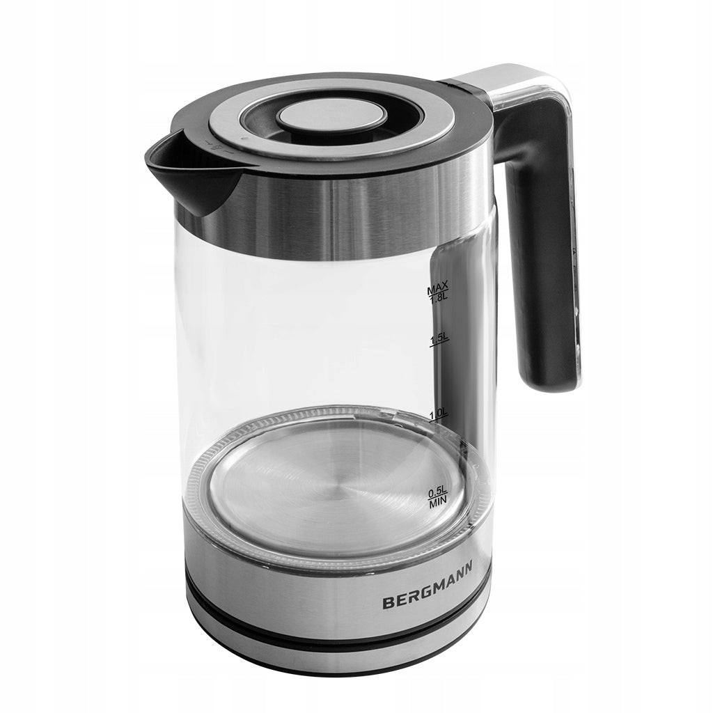 Electric Kettle Glass 1,8L BERGMANN 2200W Wireless LED Silver Brand Bergmann