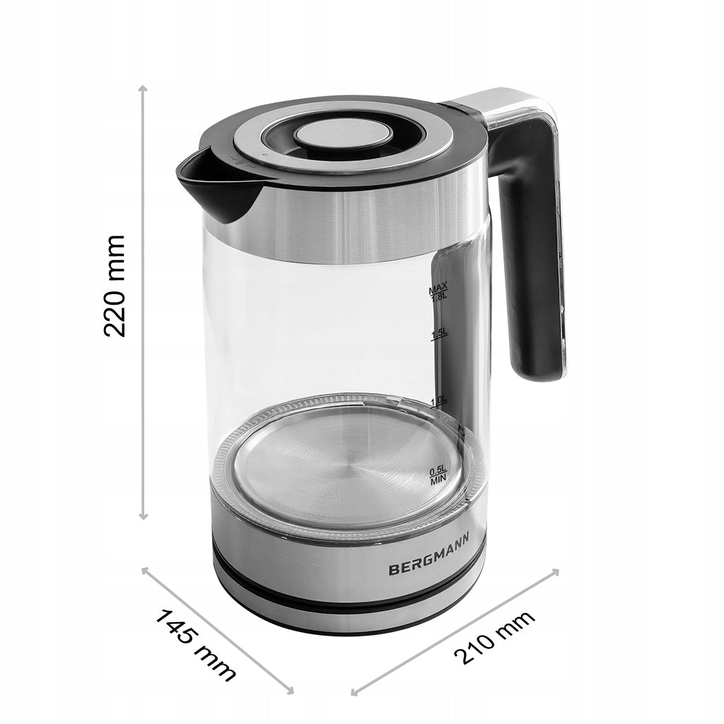 Electric Kettle Glass 1,8L BERGMANN 2200W Wireless LED Silver Manufacturer code MTP007890