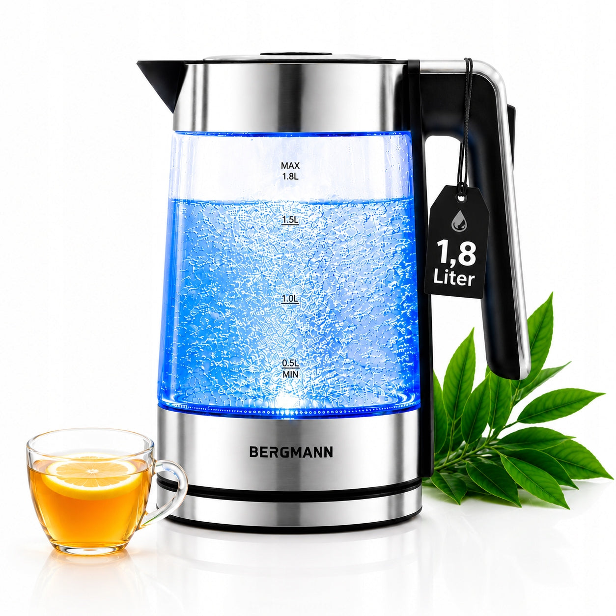 Electric Kettle Glass 1,8L BERGMANN 2200W Wireless LED Silver