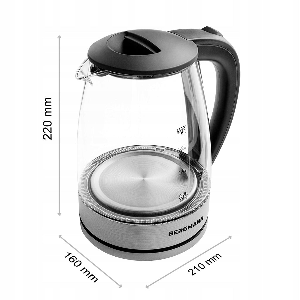 Electric Kettle Glass 1,8L BERGMANN Wireless 2200W LED Manufacturer code MTP007888