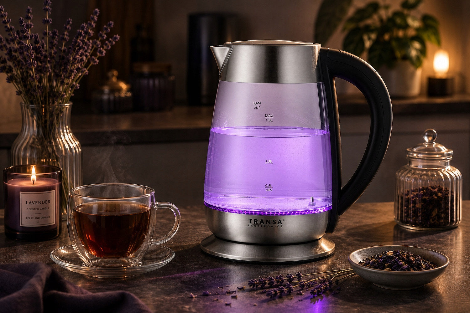 Electric Kettle Glass TEMPERATURE CONTROL LCD TOUCH PANEL 1,8 L Brand Transa Electronics