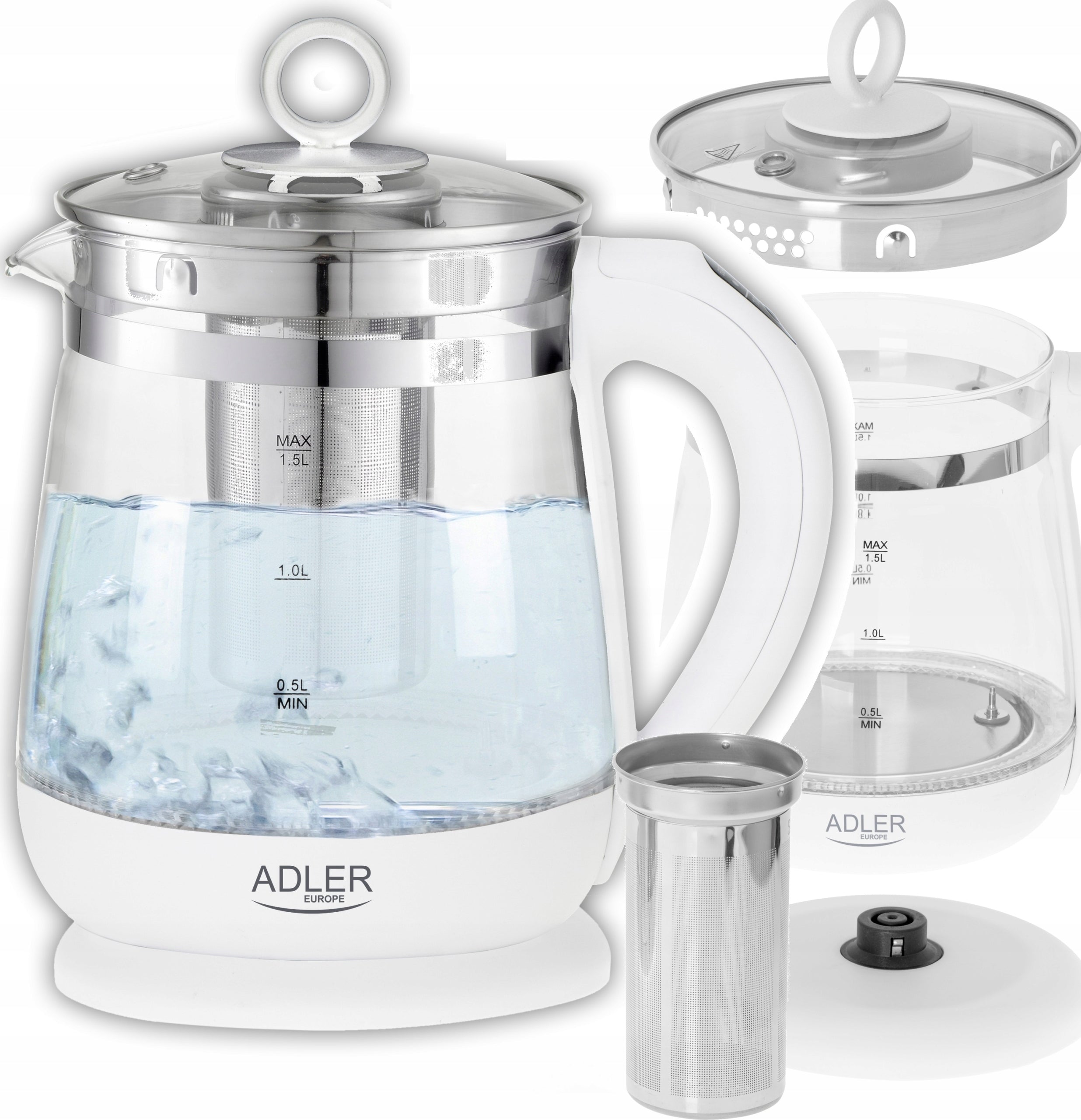 Electric Kettle Glass Temperature Control LED Infuser 1,5 L 2200W Brand ADLER