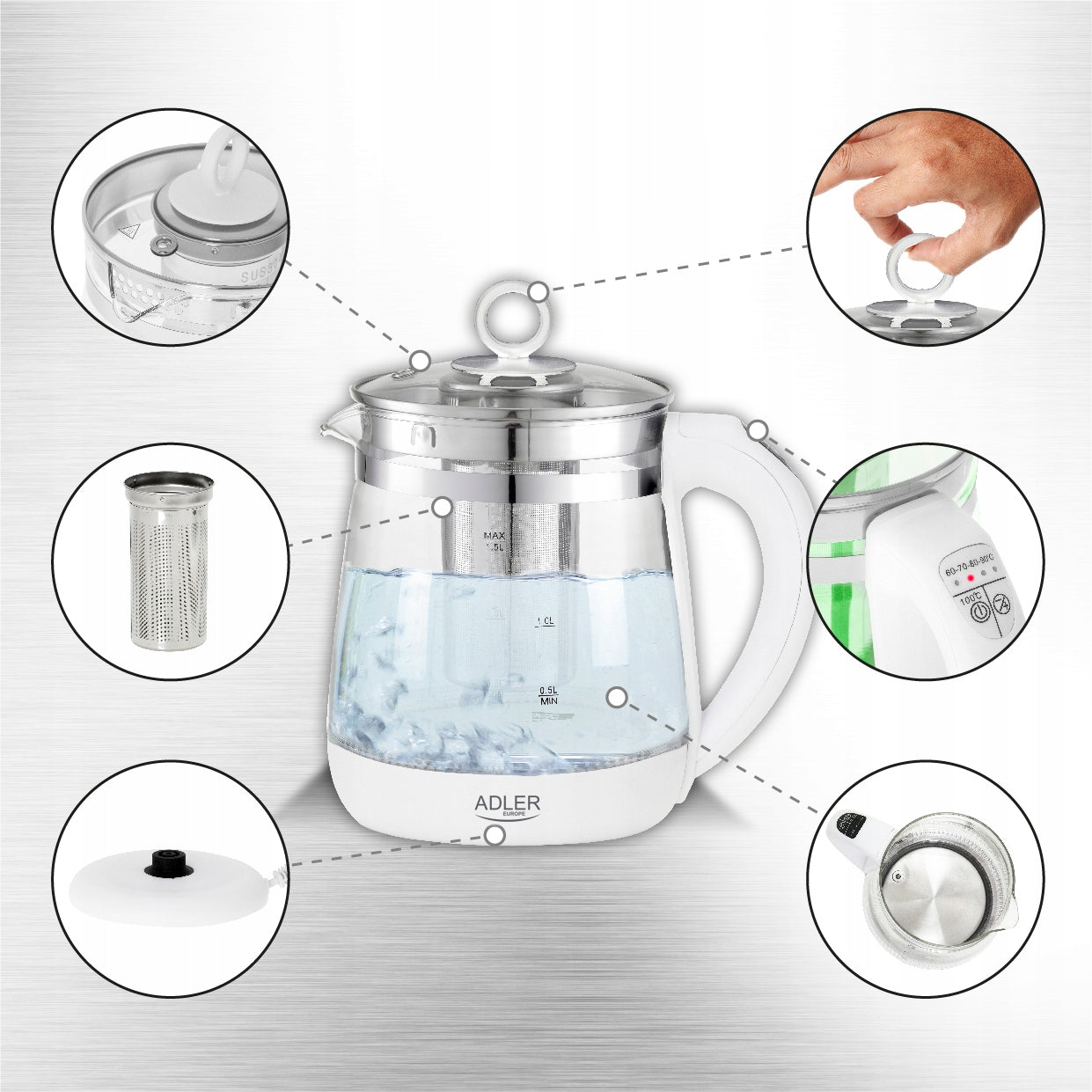 Electric Kettle Glass Temperature Control LED Infuser 1,5 L 2200W Manufacturer code AD 1299