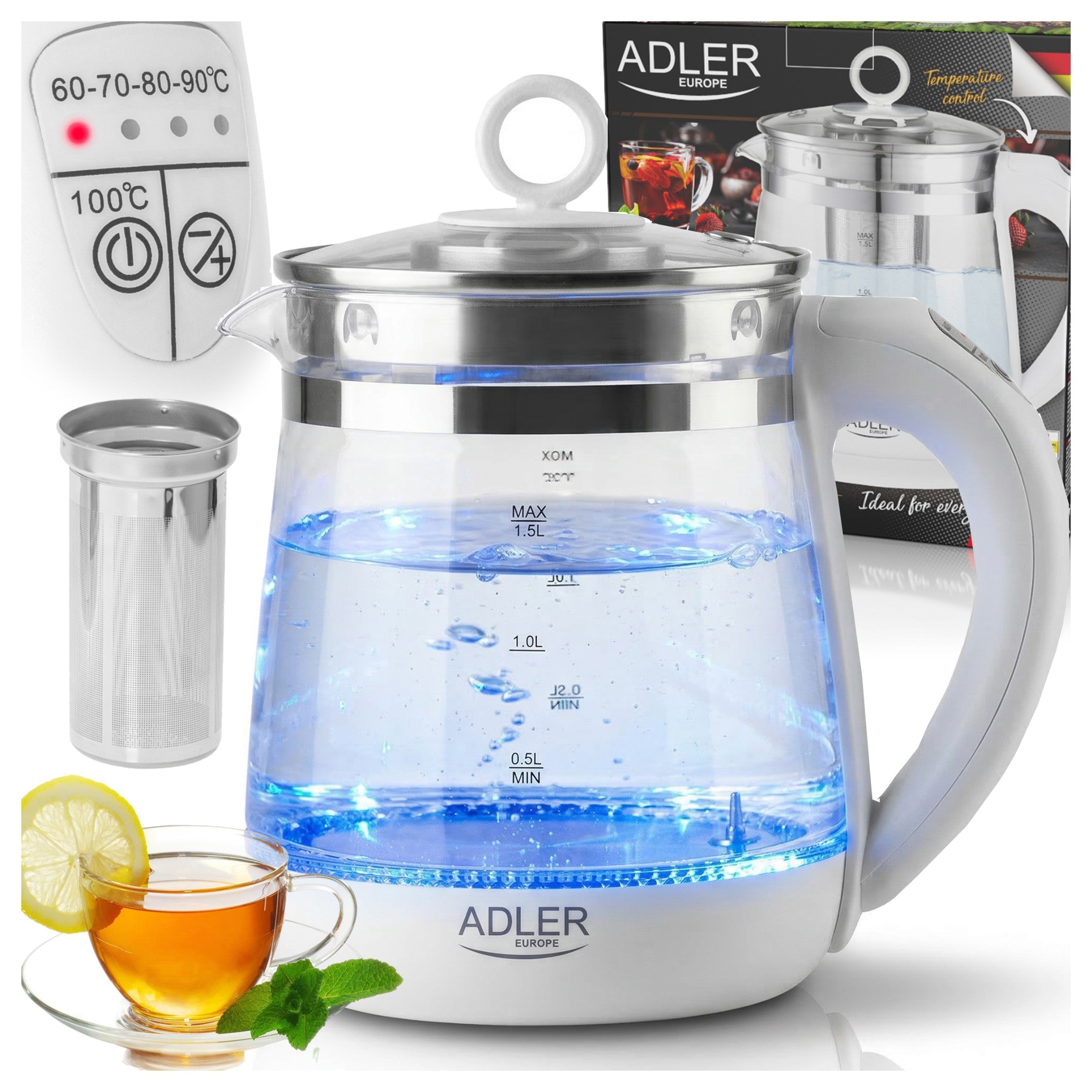 Electric Kettle Glass Temperature Control LED Infuser 1,5 L 2200W