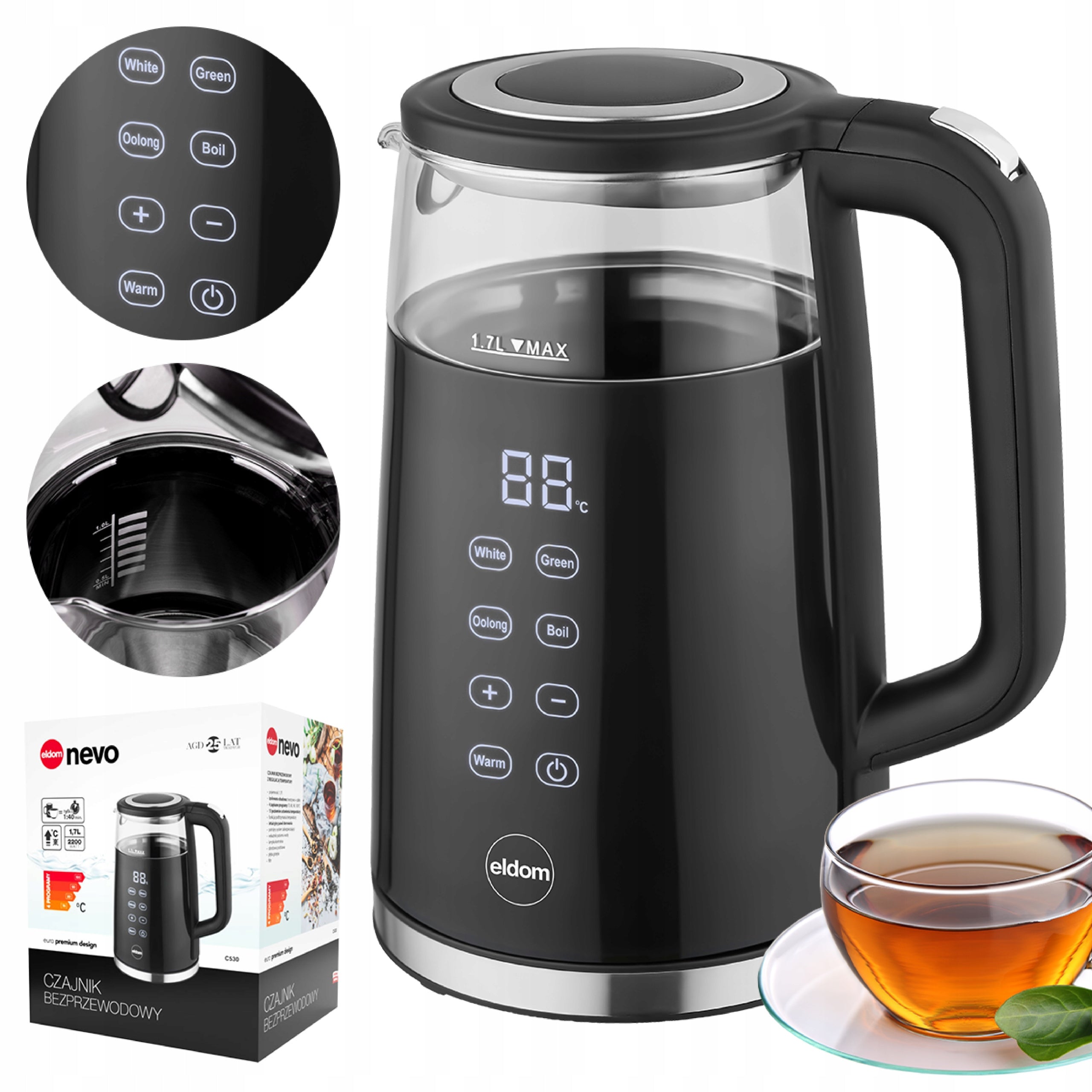 Electric Kettle Glass with Temperature Control 2200w 1,7l C530 LED