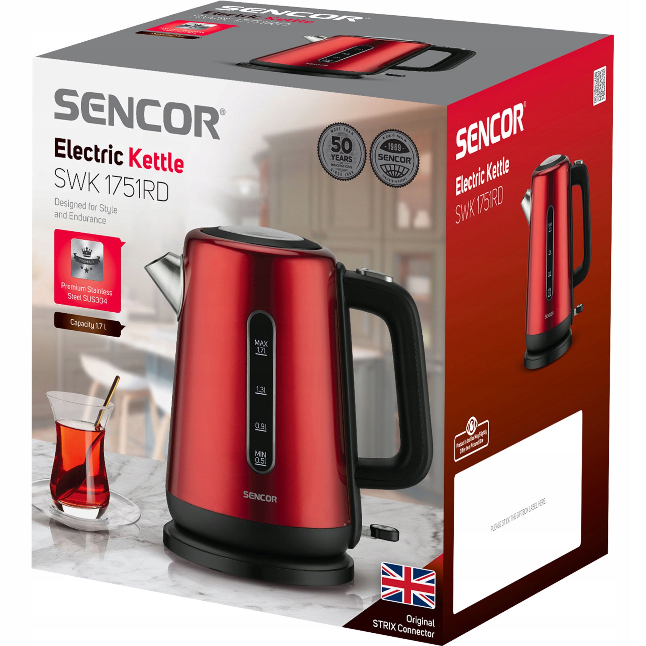 Electric Kettle Rotary STRIX 360 Sencor 1751RD 1,7L 2200W Red Packaging status original