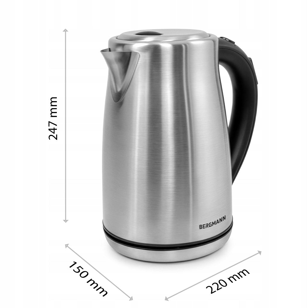 Electric Kettle Stainless Steel BERGMANN 1,7L 2200W Adjustable Silver Brand Bergmann