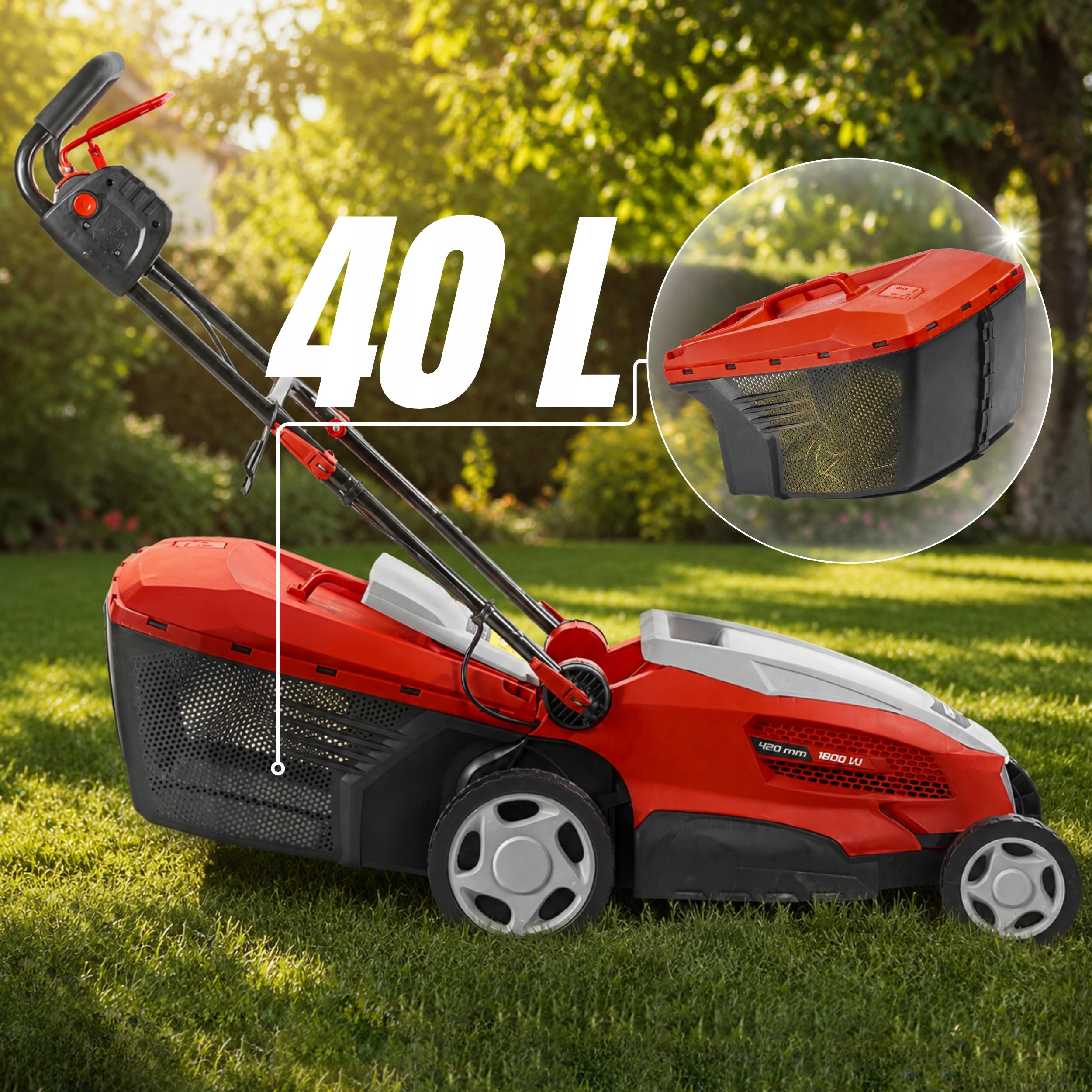 Electric Lawn Mower Engine 1800W 42 cm for Grass Basket 40 Liters Strong DEDRA Model DED8742 z centralną regulacją wysokości