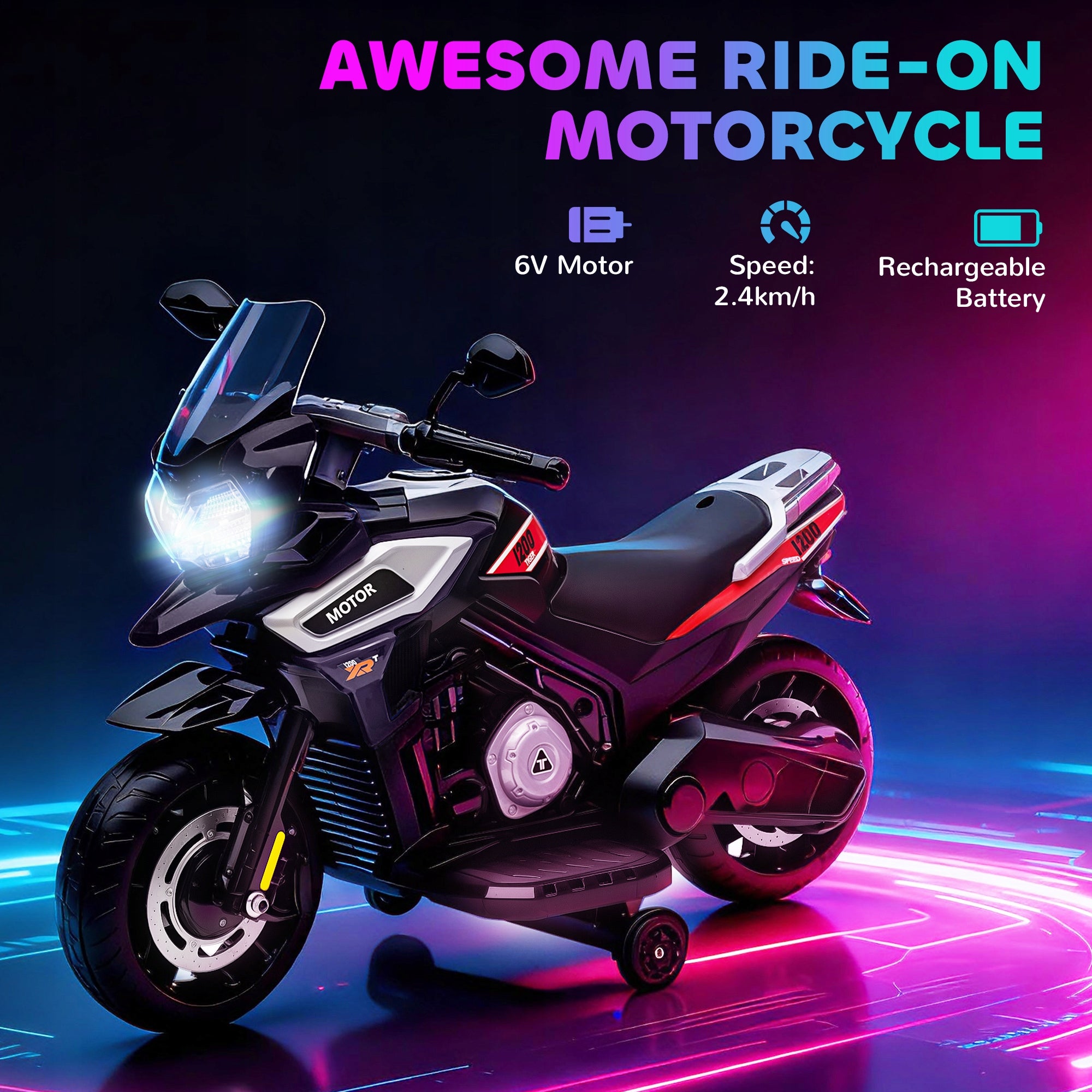 Electric Motorcycle for Children AIYAPLAY 6V with Side Wheels, Black Brand AIYAPLAY