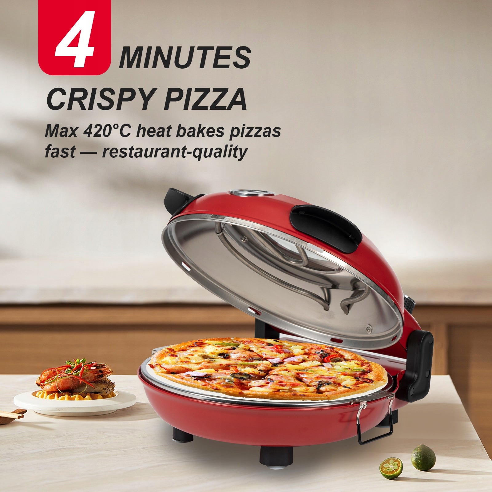 Electric Pizza Oven Klaif 420°C 1200W Stone Plate Viewing Window Home Tool Power 1200 W