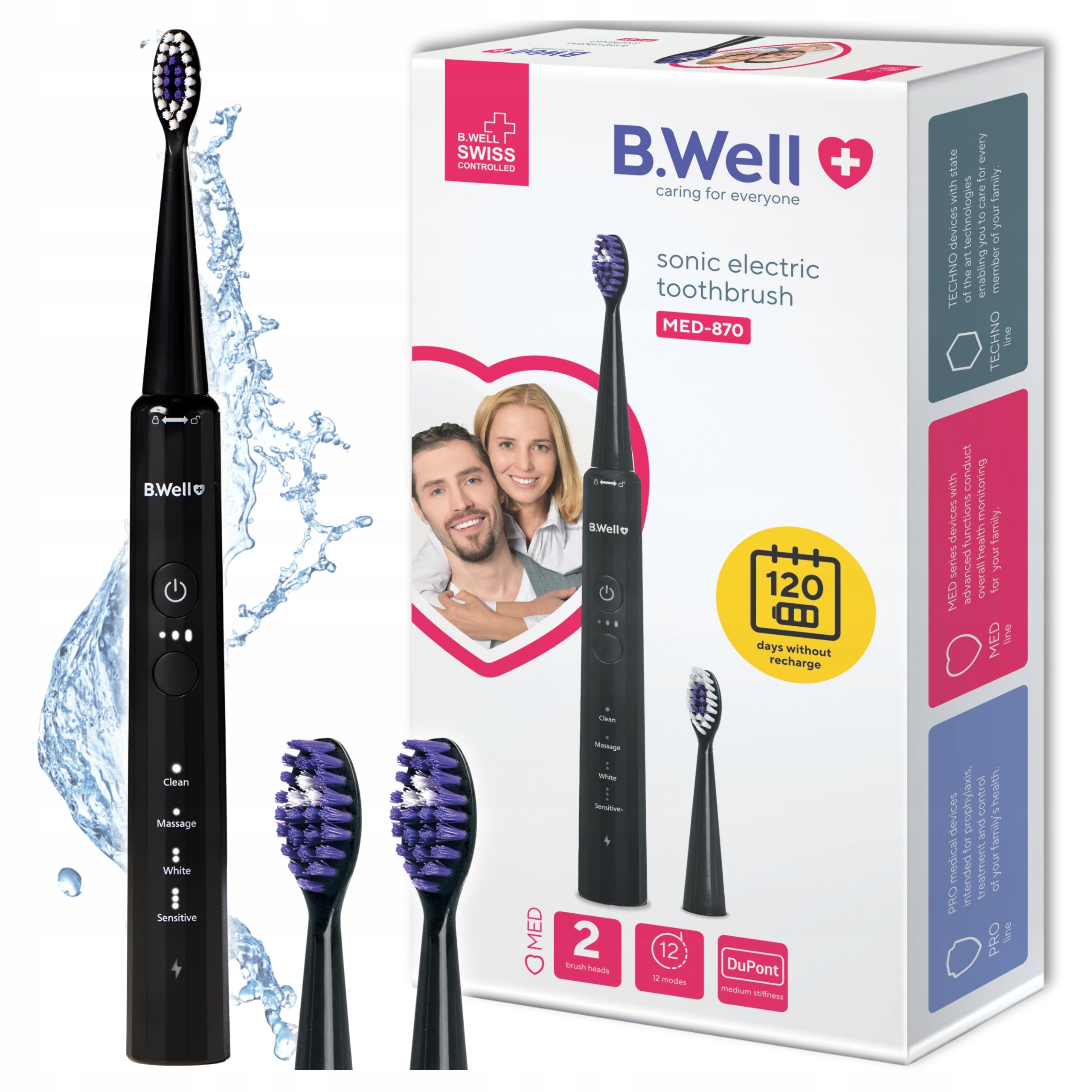 Electric Sonic Toothbrush 4 Modes 2x Tips Case B.Well