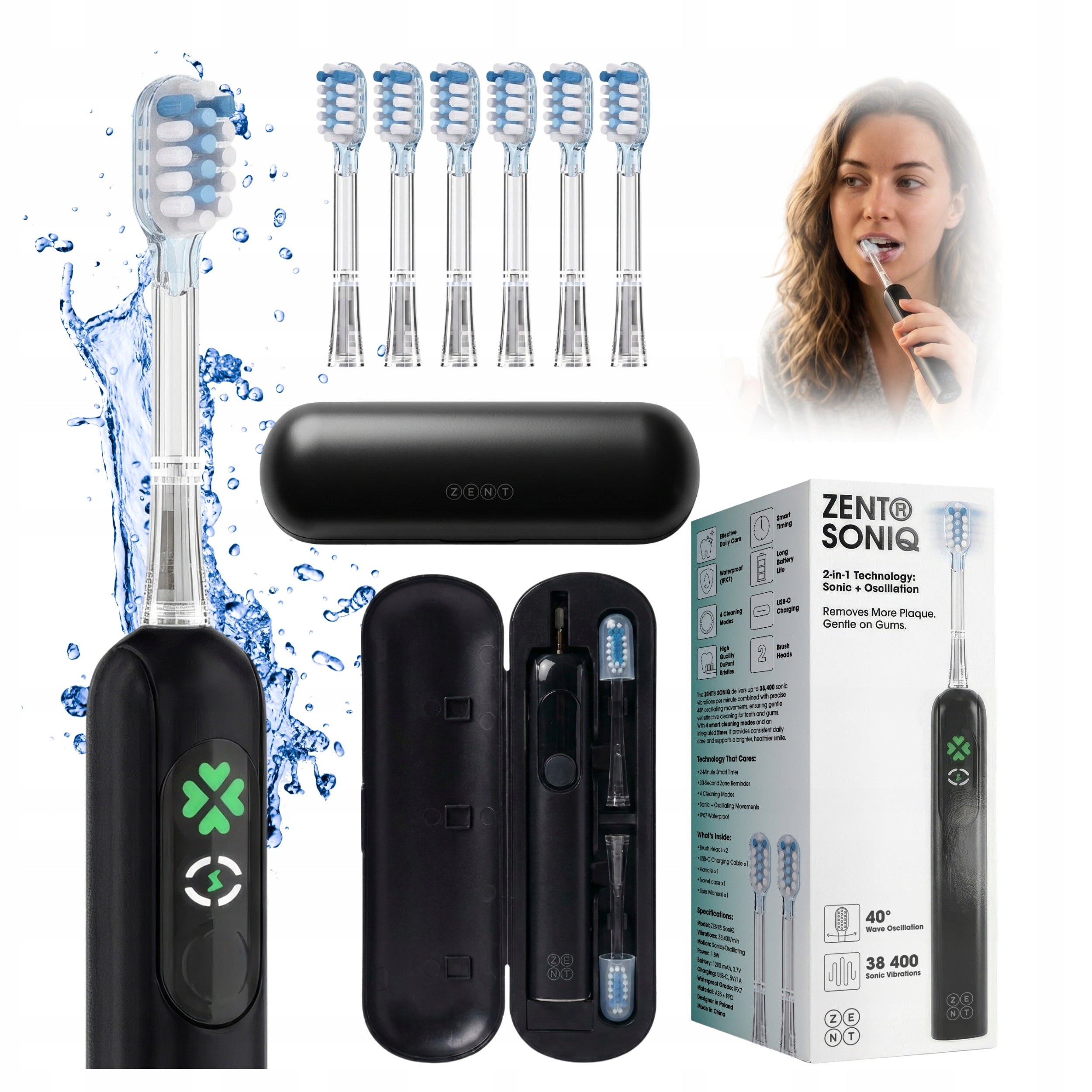 Electric Sonic Toothbrush Black + Case 6 Tips 4 Modes