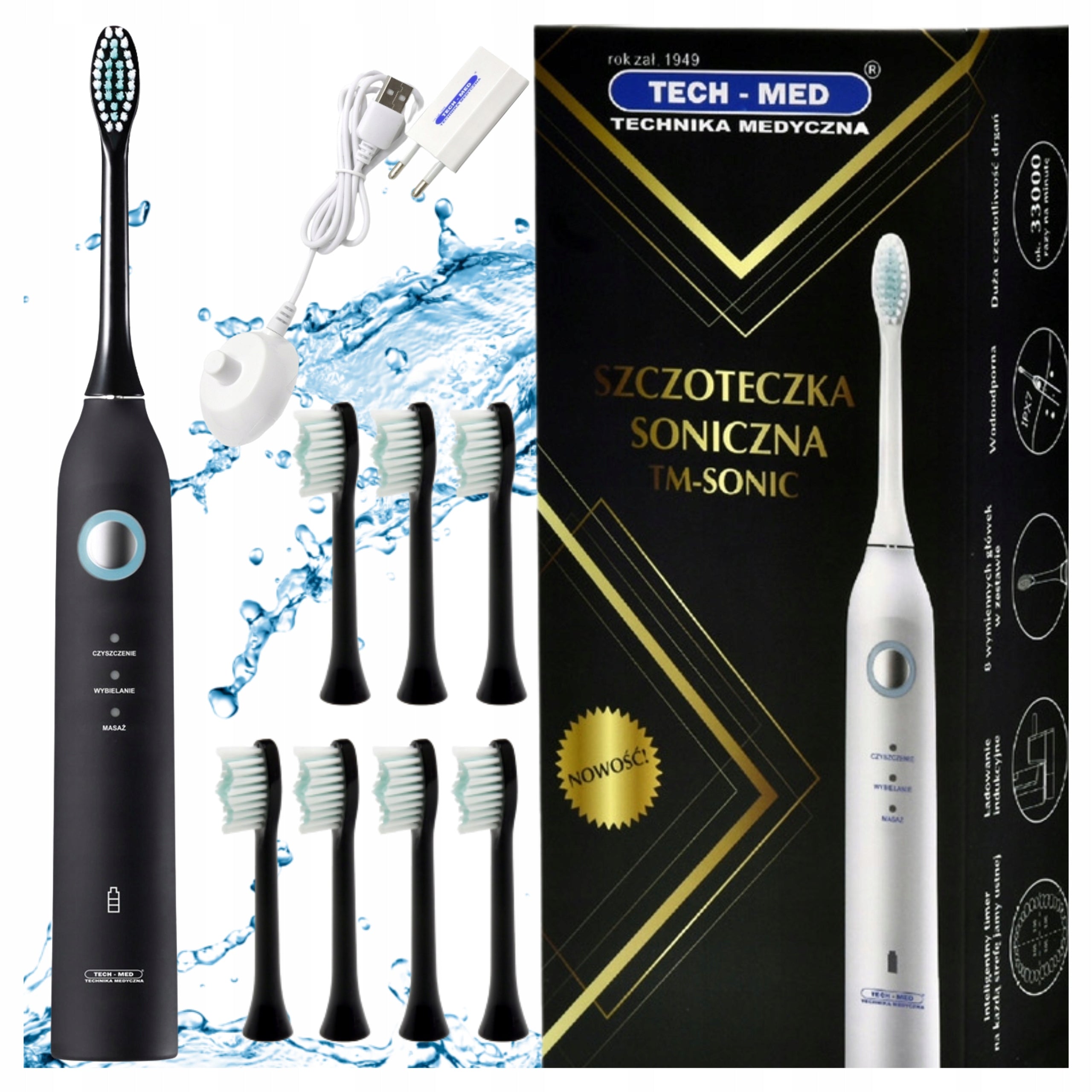 Electric Sonic Toothbrush TECH-MED 8 Tips Timer Black TM-SONIC