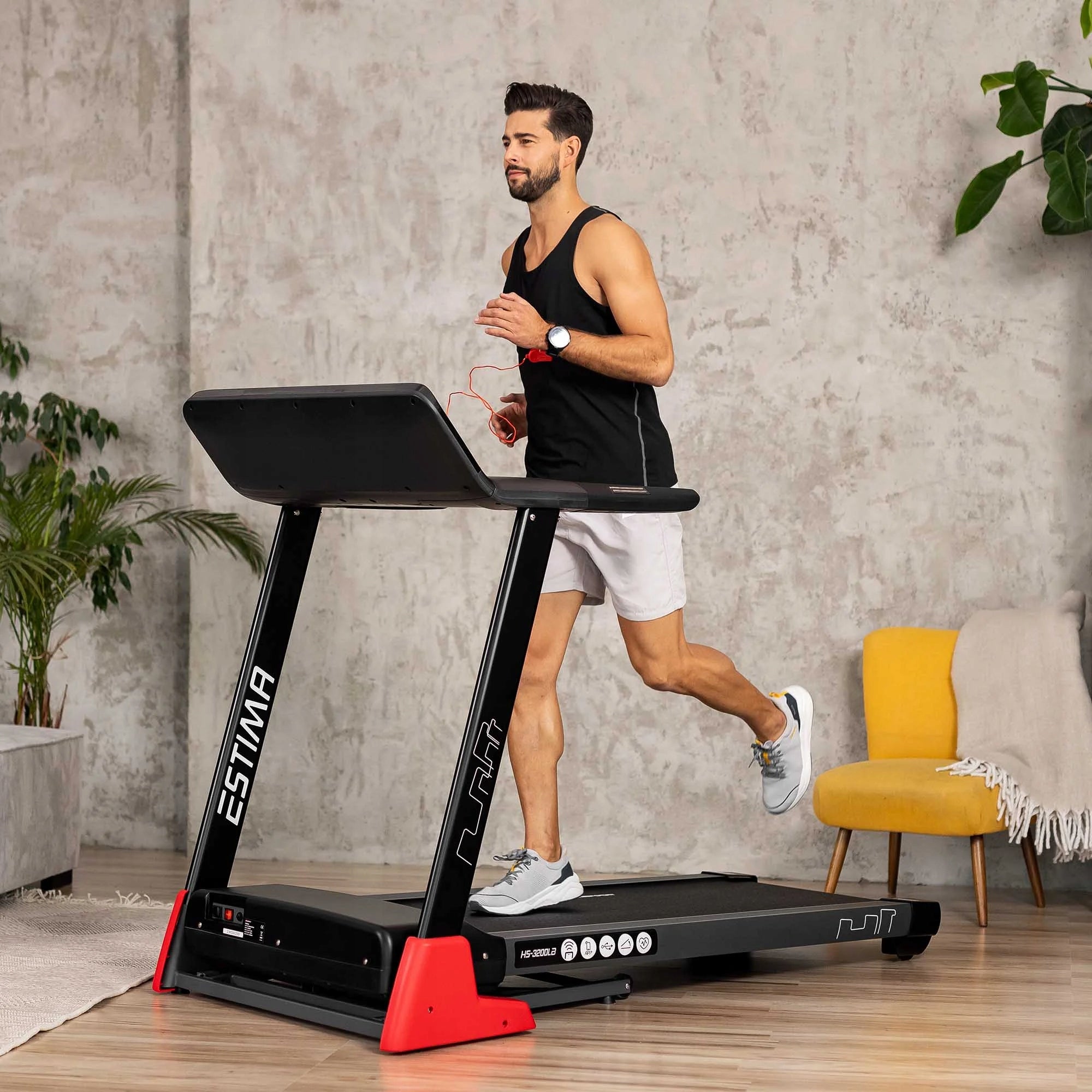 Electric Treadmill 3HP Home Folding Angle Adjustment Shock Absorption 20km/h Additional features Bluetooth safety key transport wheels place for water bottle place for mobile phone/tablet foldable training programs tilt angle adjustment touch sensors mobile device compatibility display