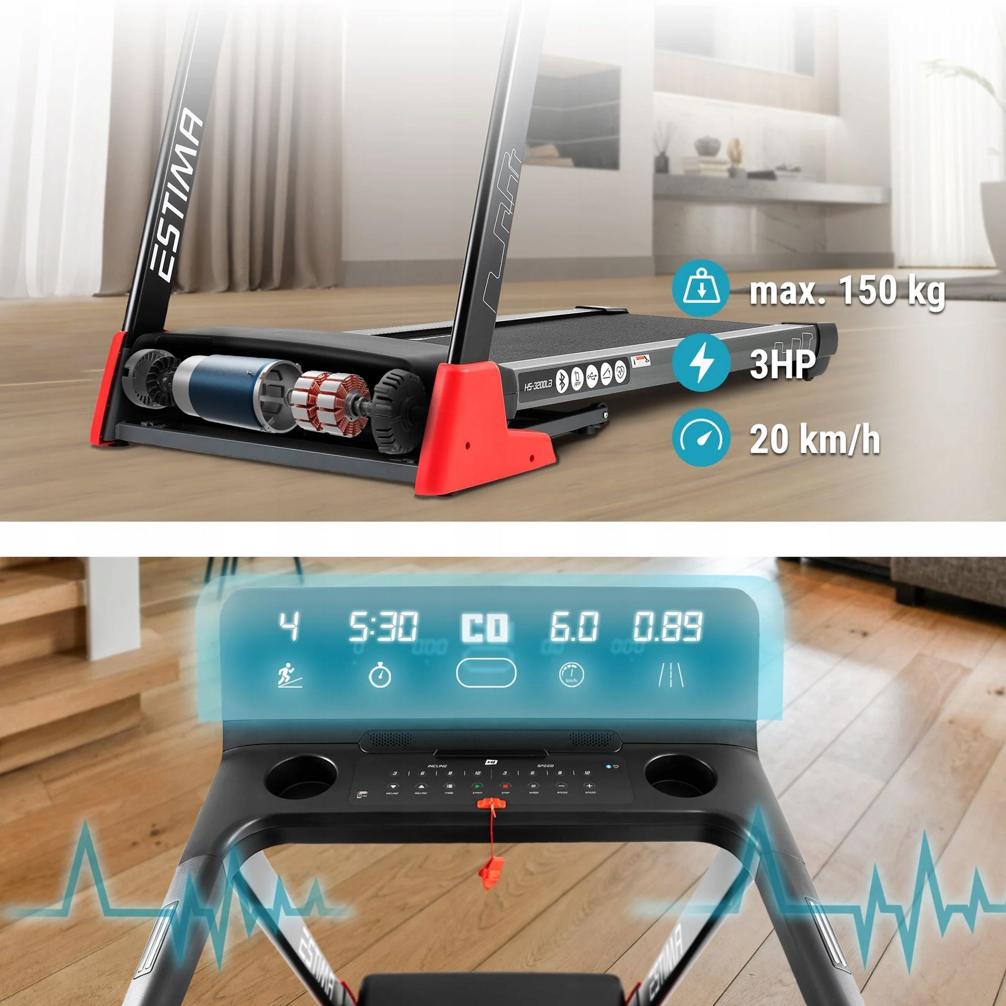 Electric Treadmill 3HP Home Folding Angle Adjustment Shock Absorption 20km/h Brand Hop-Sport