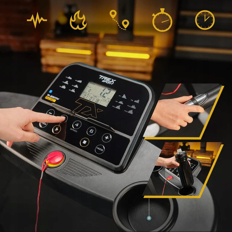Electric Treadmill Folding Home Training Shock Absorption PULSO TREX SPORT Measurements training duration distance speed pulse burned calories fat