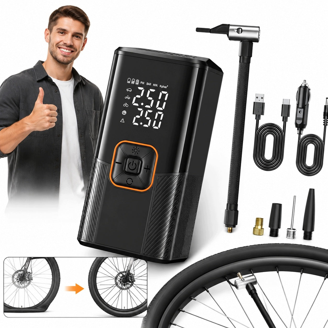 Electric bicycle pump, battery compressor for car and bike
