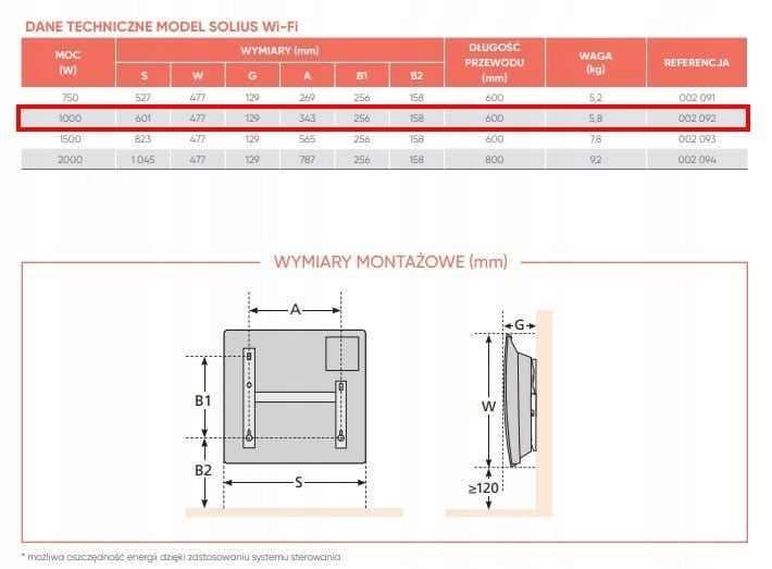 Electric convector heater 601x477x129mm Atlantic Solius WI-FI 1000W Heating power 1000 W