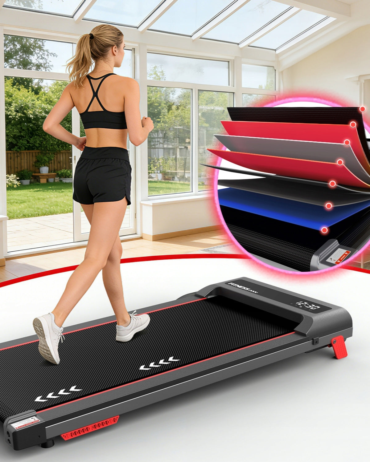Electric desk treadmill Walking Pad 2,25HP, 1-6km/h, 4% slope Measurements training duration distance number of steps speed burned calories