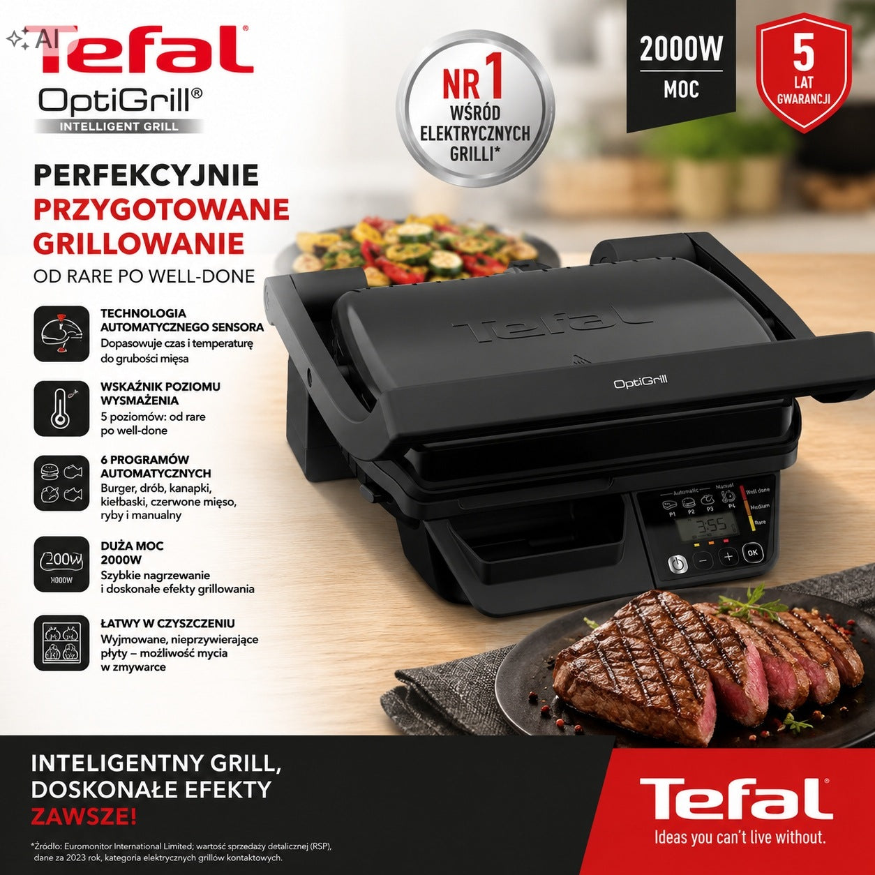 Electric grill Tefal optigrill 2000W with temperature control Manufacturer code GC7P08