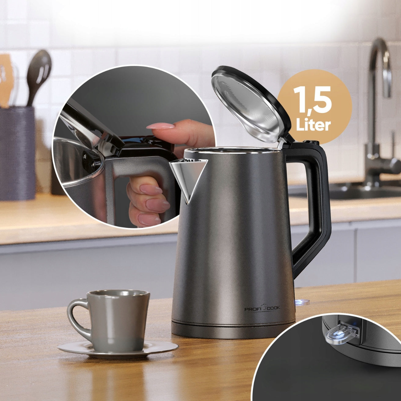 Electric kettle 1,5L ProfiCook PC-WK wireless stainless steel Power 2200 W