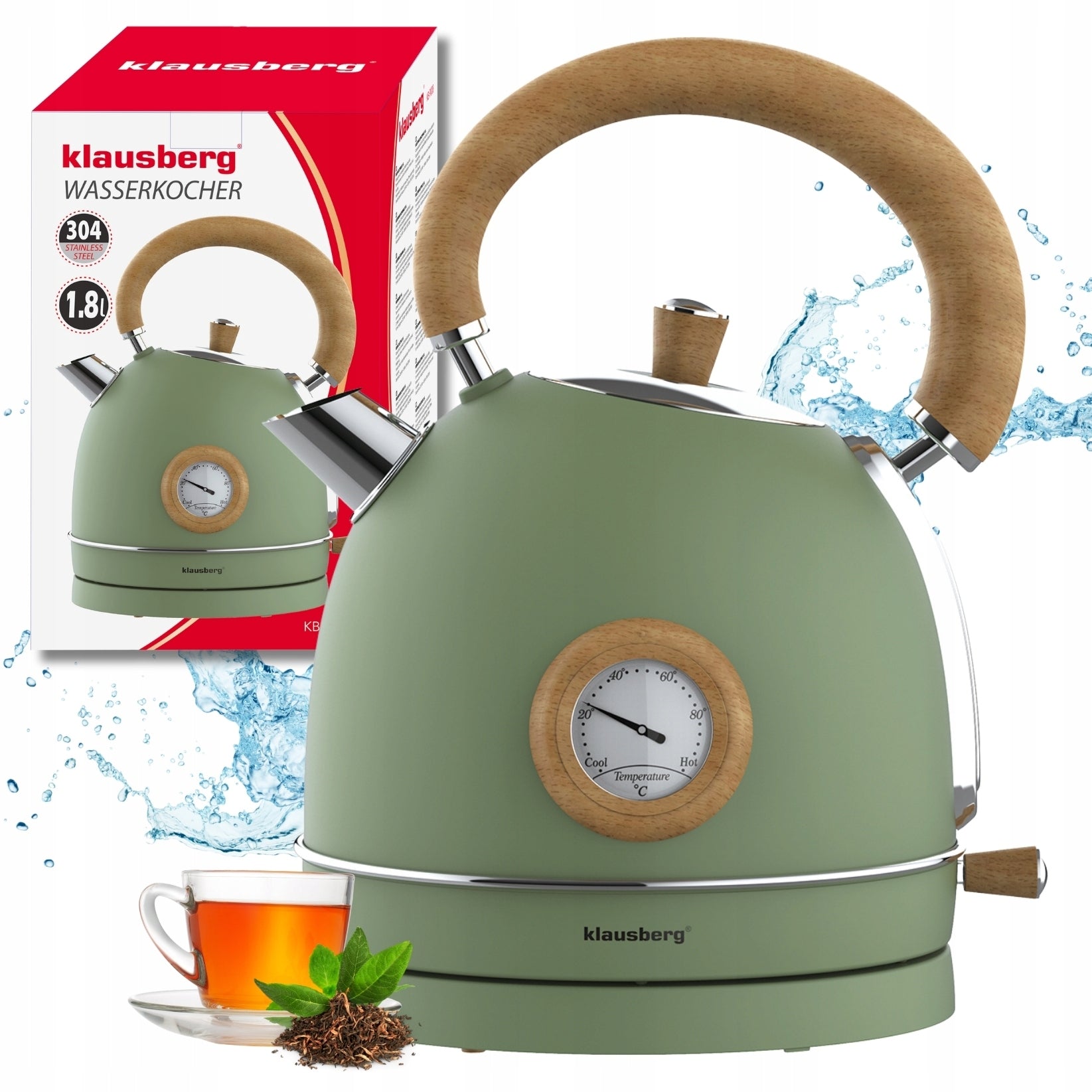 Electric kettle 1.8L steel 304 RETRO Klausberg KB-9008 Green + Wood