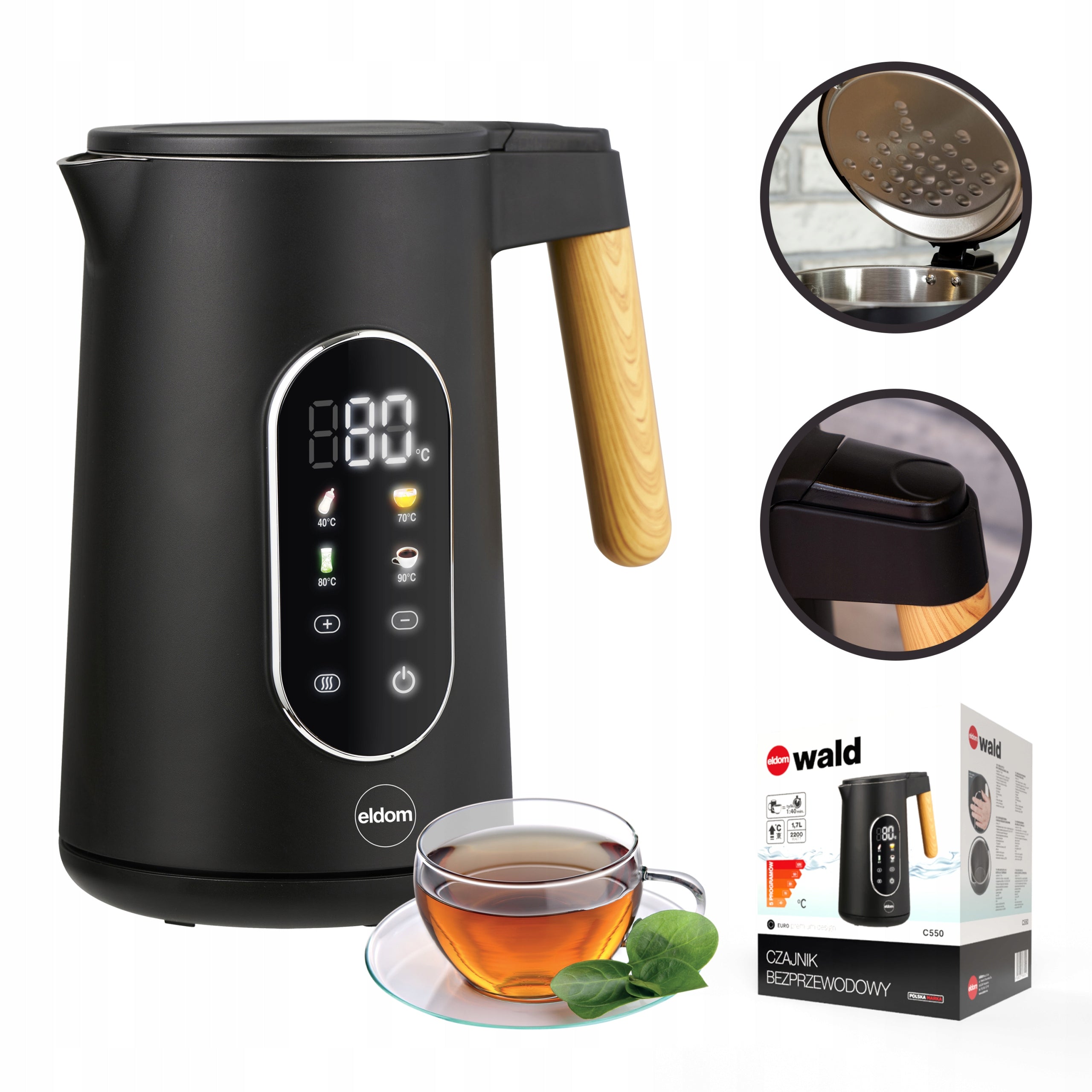 Electric kettle 2200W 1,7 l 5 saved programs black Eldom C550
