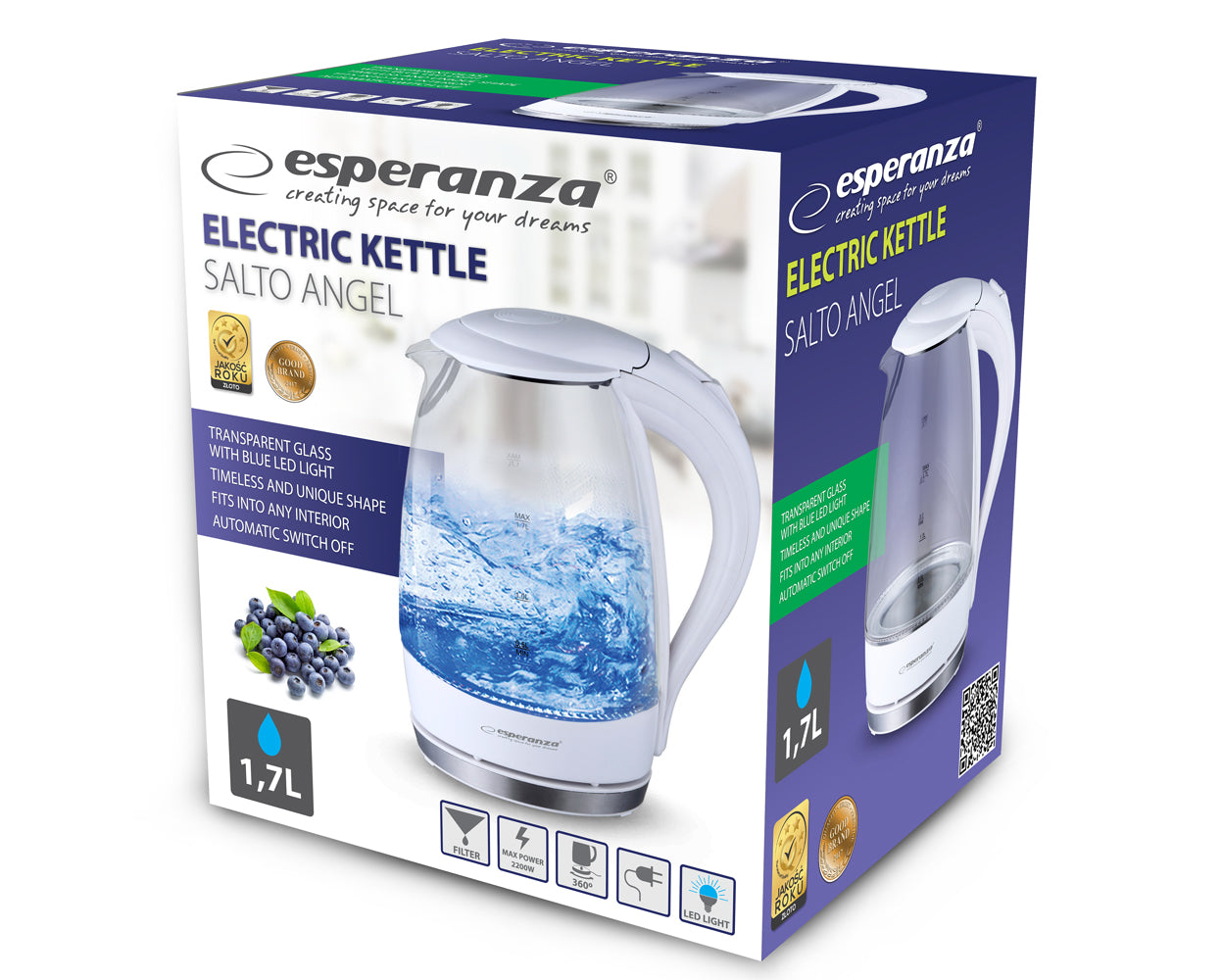 Electric kettle Esperanza EKK011W Salto Angel 2200 W 1,7l white glass Brand Esperanza