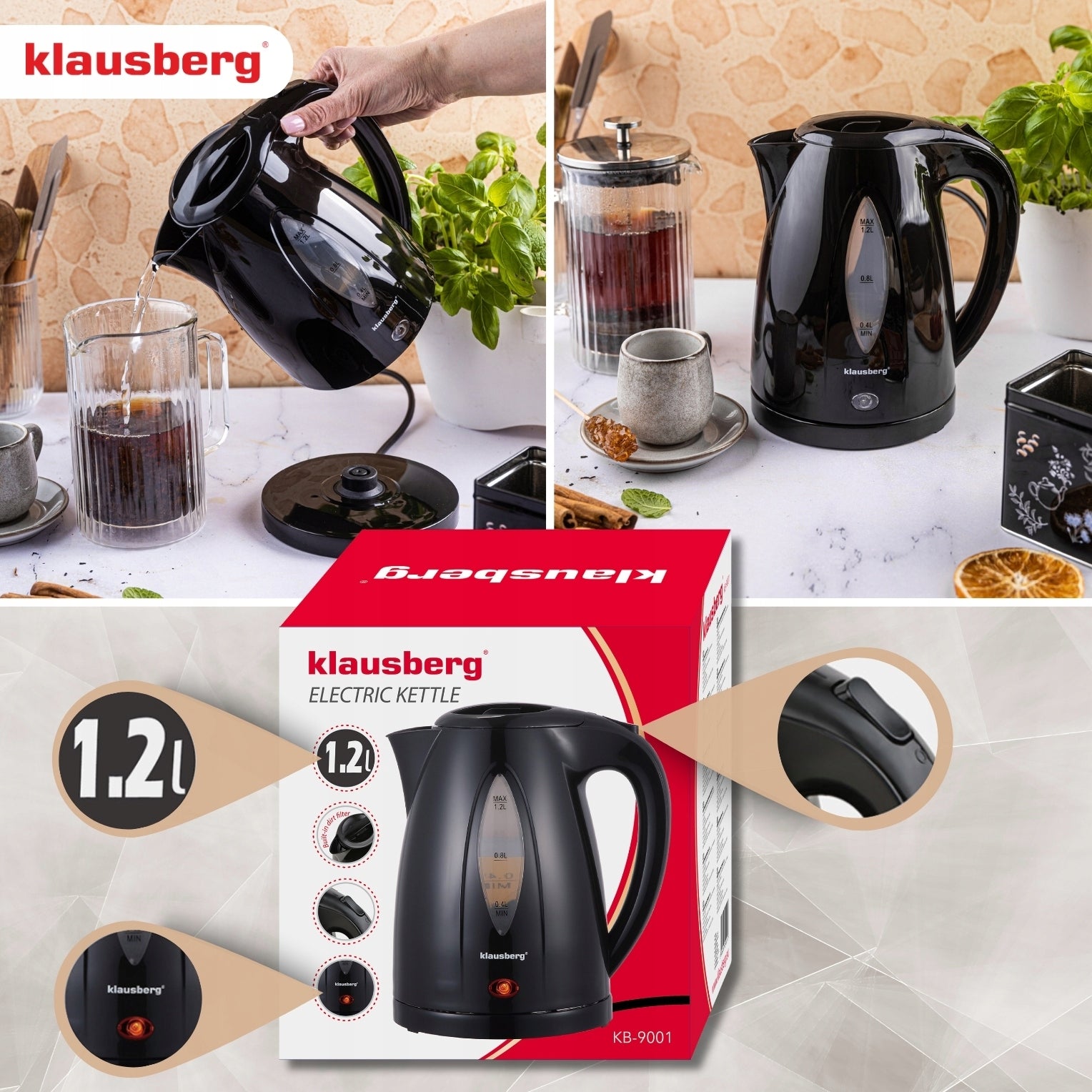Electric kettle KLAUSBERG KB-9001 1.2L black fast cooking Model KB9001