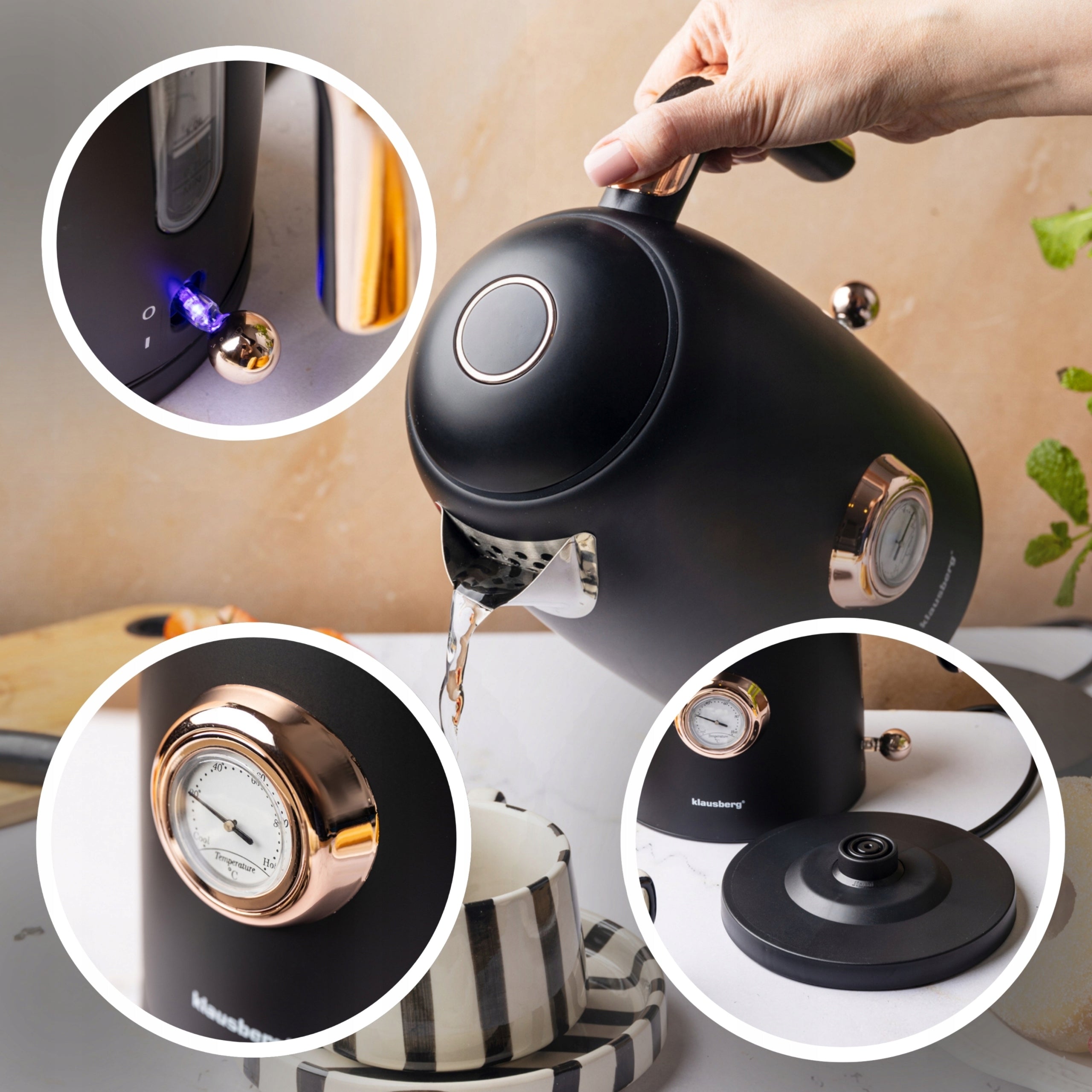 Electric kettle KLAUSBERG Retro 1,7L 2200W with thermometer black Dominant color black